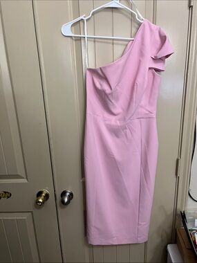 Black Halo One-Shoulder Ruffle Sheath Dress in Light Pink